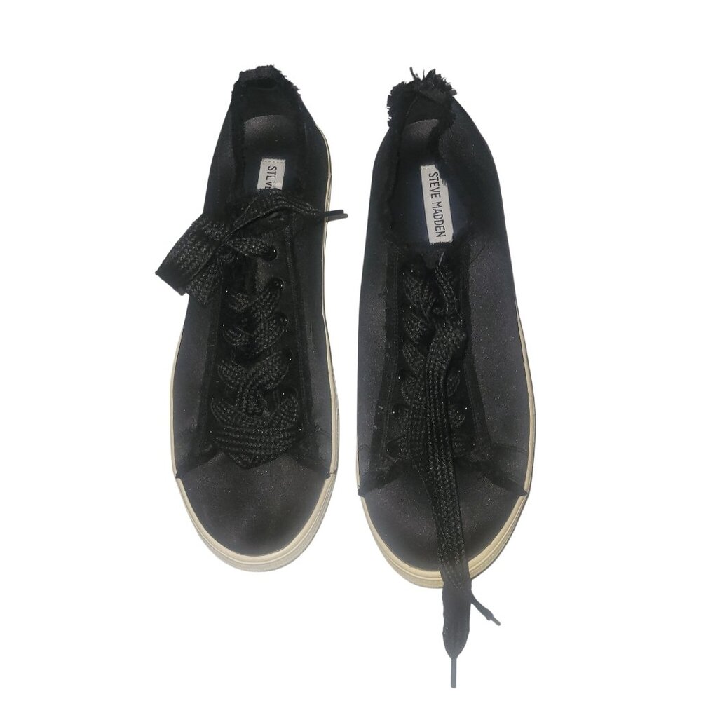Steve Madden Black satin Lace Up Low Top‎ Sneakers Casual Shoes designer comfort
